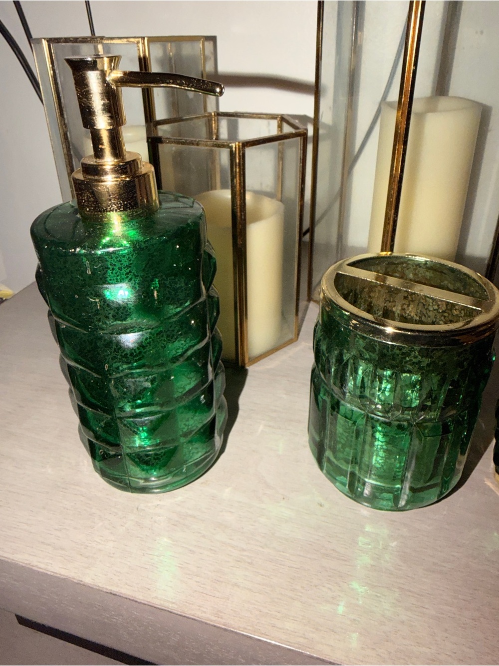 Opalhouse Emerald Green Glass Bath Set with Gold Pumps
